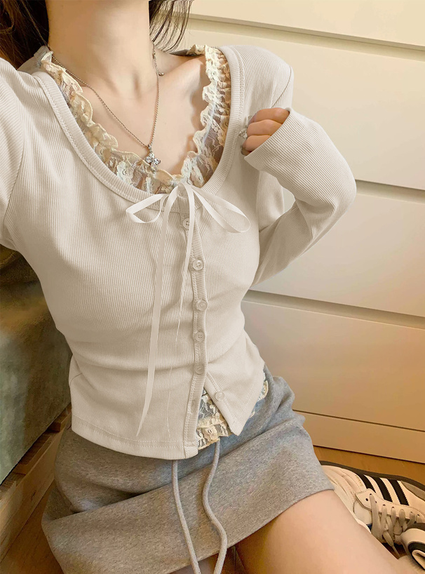 レースレイヤード風リボンカーディガン