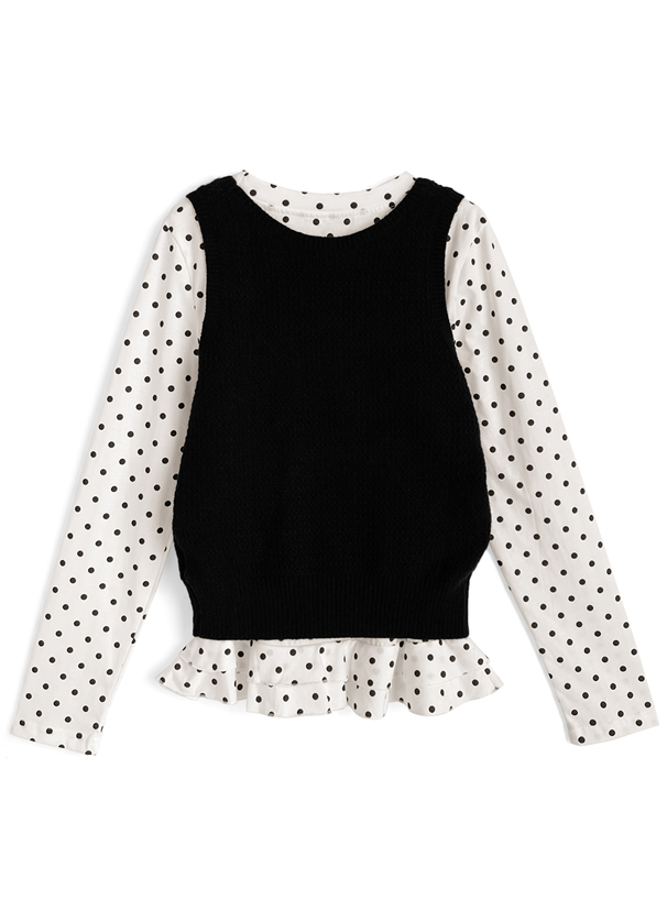 ドット柄フリルトップス×ニットベストアンサンブル