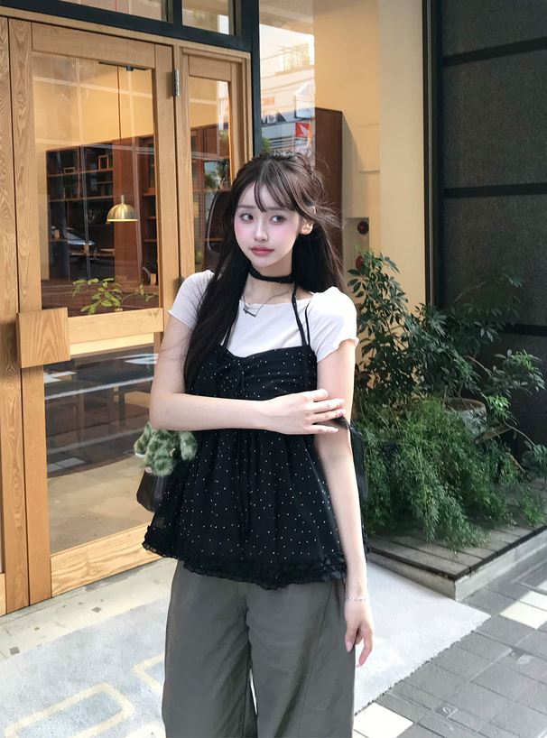 タイ付きドット柄リボンキャミソール×Tシャツアンサンブル