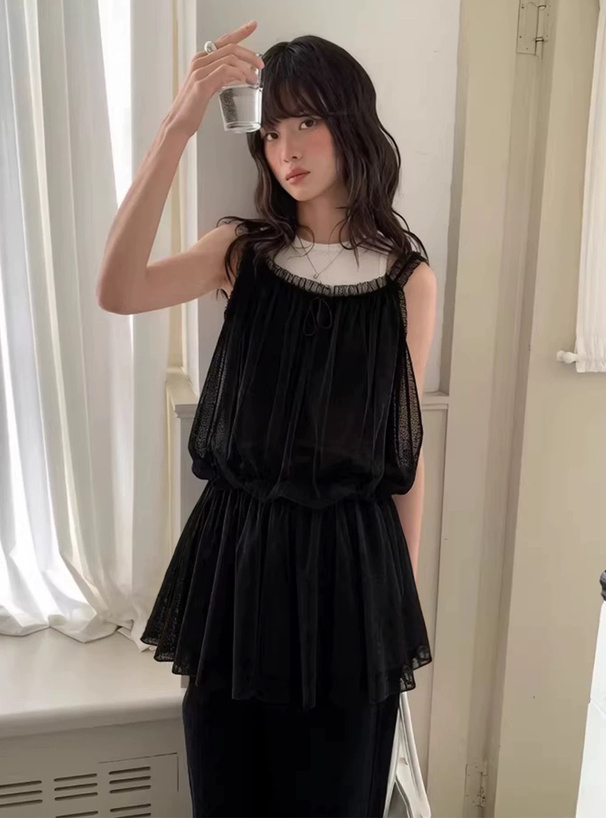 チュールフリルリボンキャミソールトップス