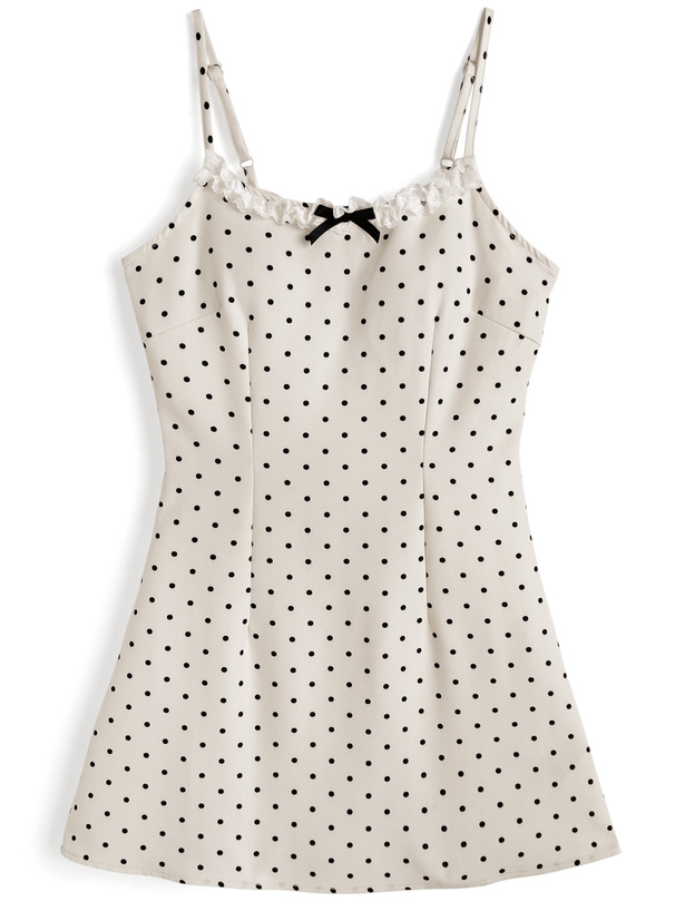 カップ付きドット柄レースリボンキャミソールミニワンピース