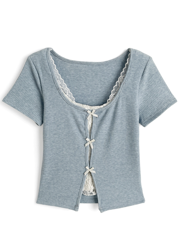 レースレイヤード風リボンリブトップス