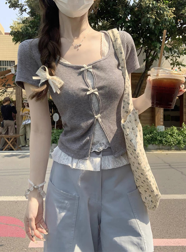 レースレイヤード風リボンリブトップス
