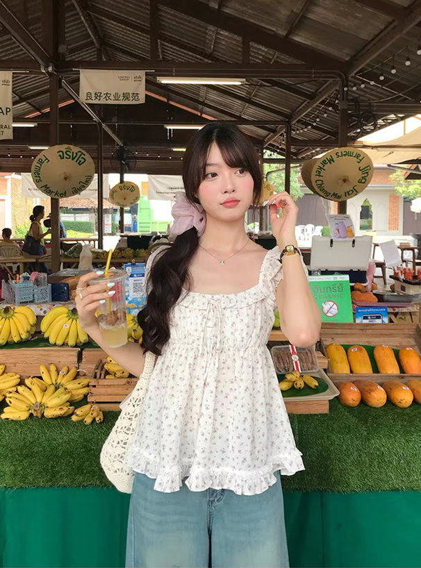 小花柄レースフリルチュニック