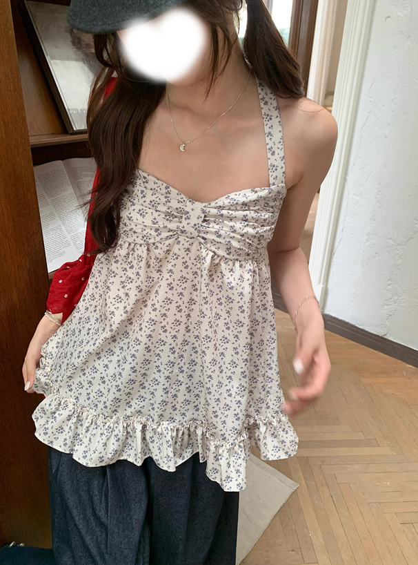 小花柄リボンホルターネックフリルトップス