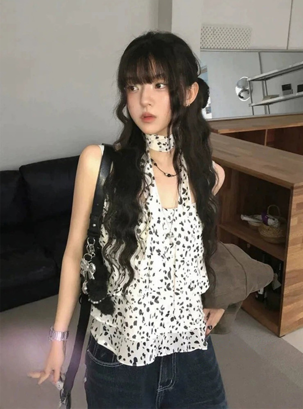 タイ付きダルメシアン柄ティアードキャミソールトップス