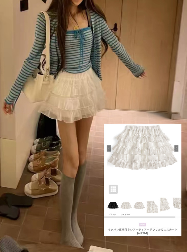 インパン裏地付きシアーティアードフリルミニスカート