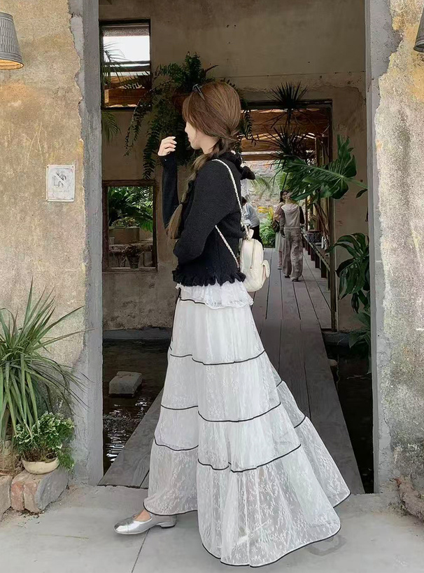 レース配色フリル切替ロングスカート