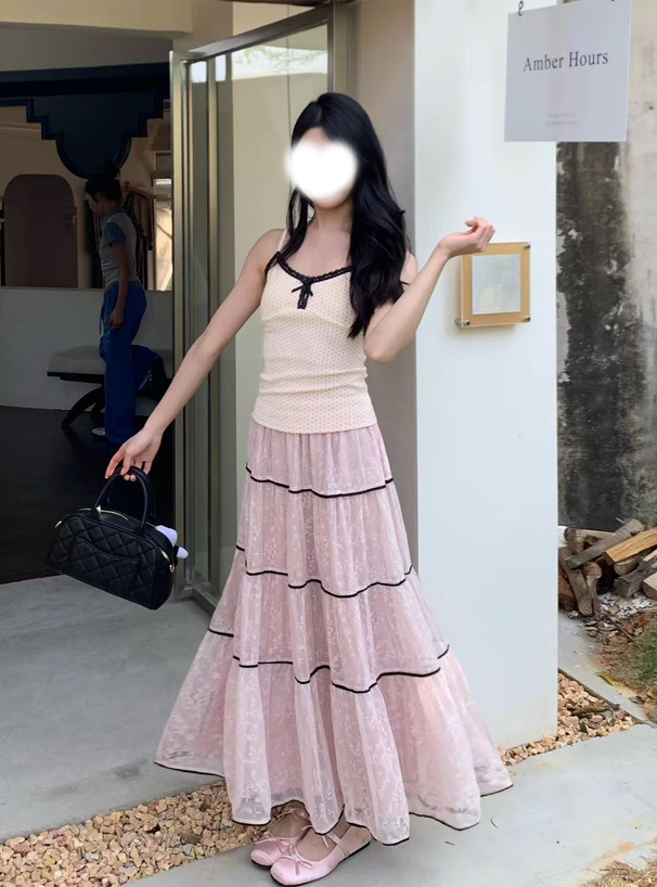 レース配色フリル切替ロングスカート