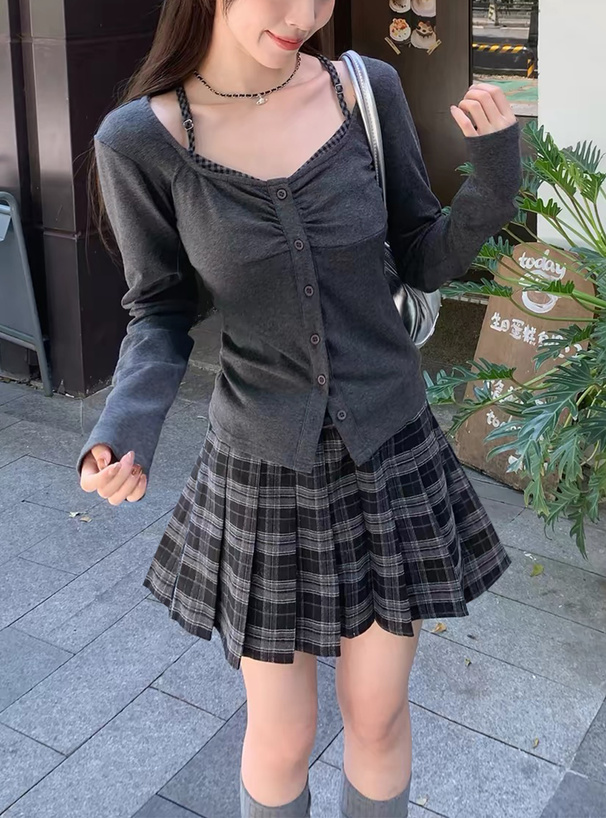 チェック柄レイヤード風ギャザートップス