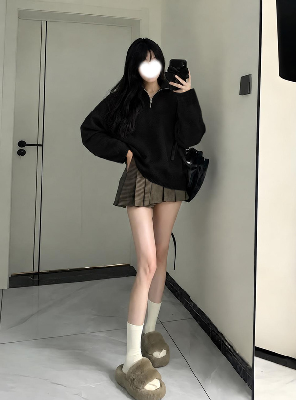フード付きハーフジップオーバーサイズニットトップス