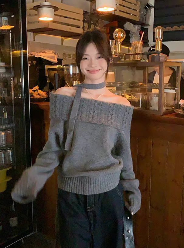 タイ付きケーブルオフショルダーニットトップス