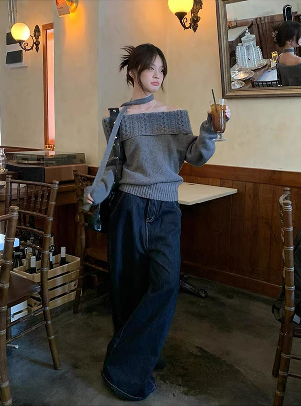 タイ付きケーブルオフショルダーニットトップス