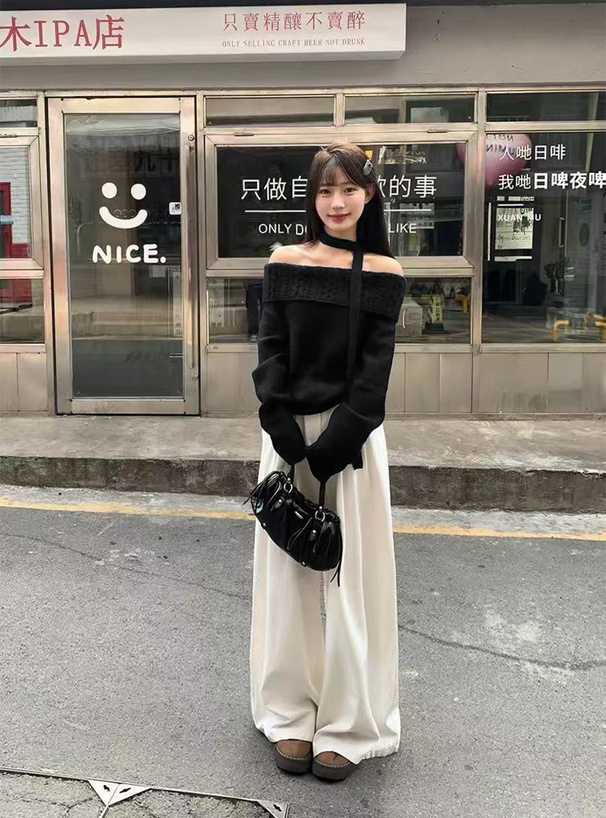 タイ付きケーブルオフショルダーニットトップス