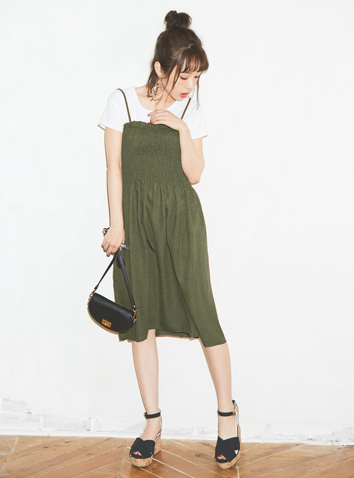 Tシャツ×シャーリングキャミワンピースセットアップ