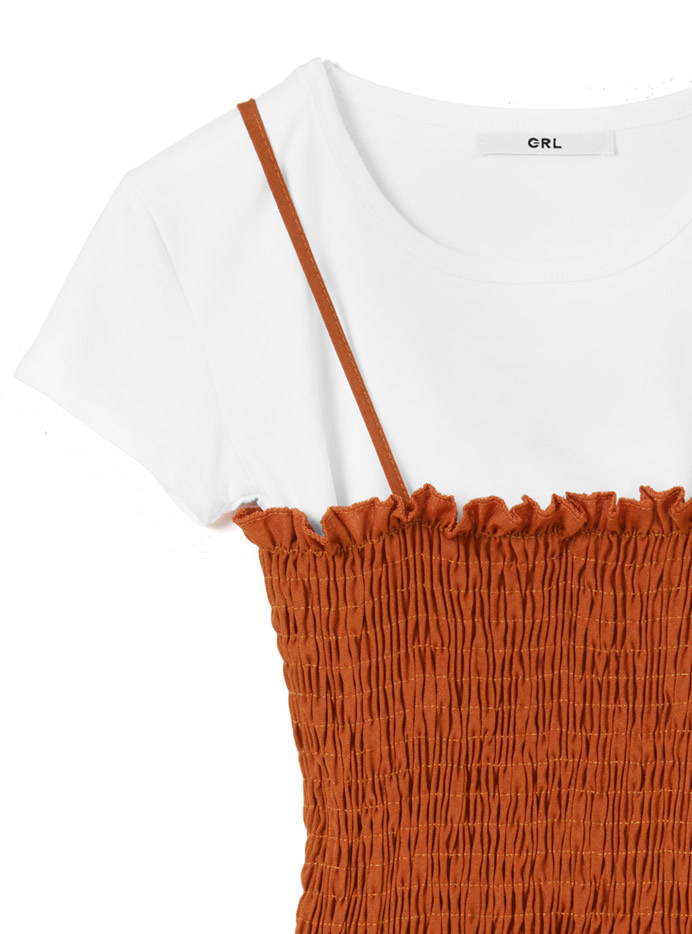 Tシャツ×シャーリングキャミワンピースセットアップ