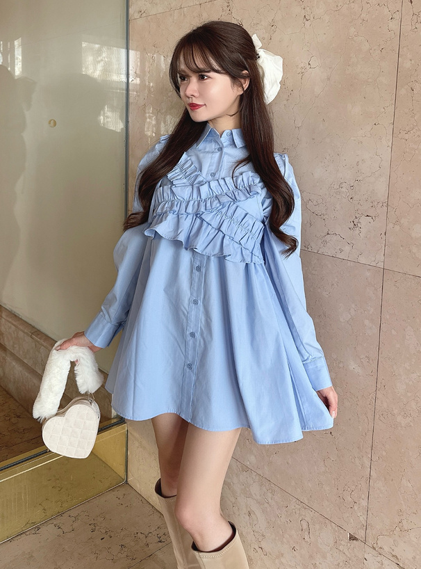フリルビスチェ付きシャツワンピース