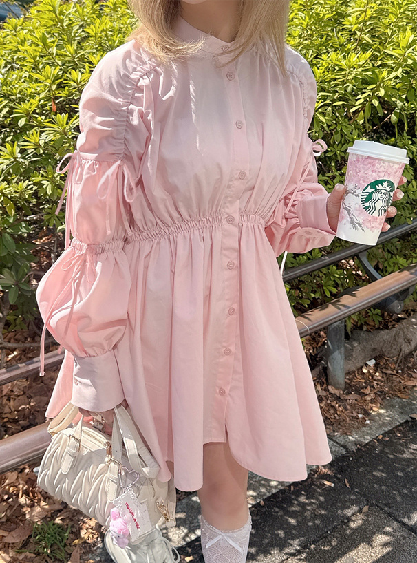 ギャザーリボンシャツワンピース