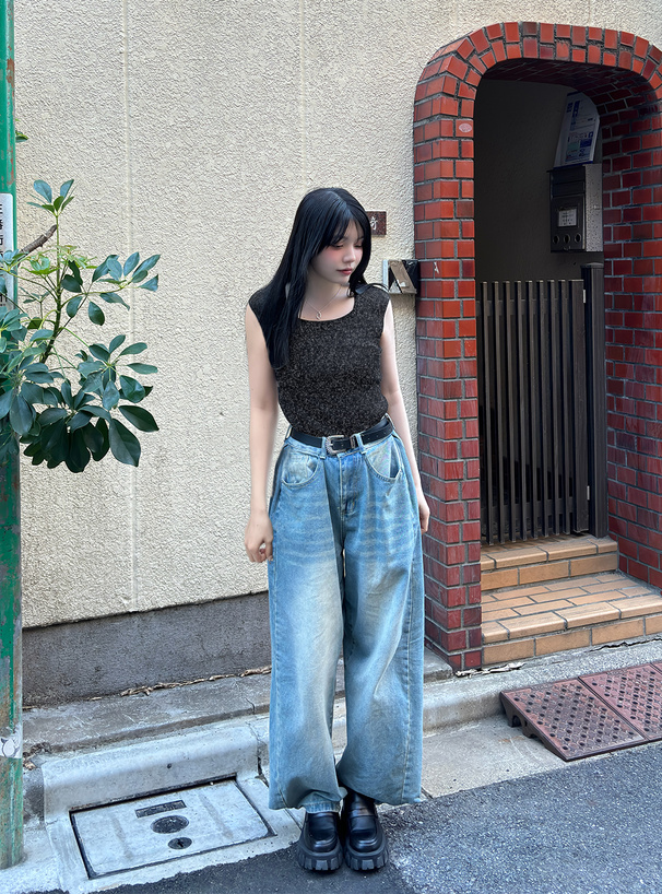 前後2Wayラメノースリーブリブニットトップス