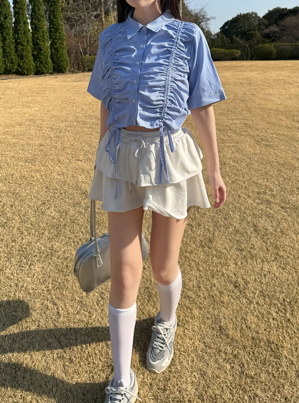 ストライプ柄クロップド丈ドロストシャツ