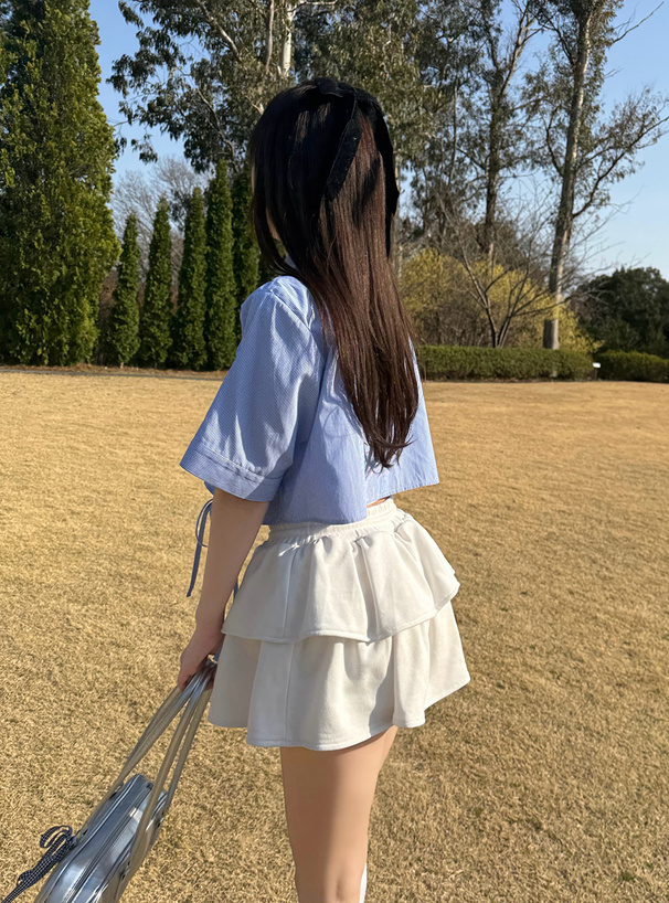 ストライプ柄クロップド丈ドロストシャツ