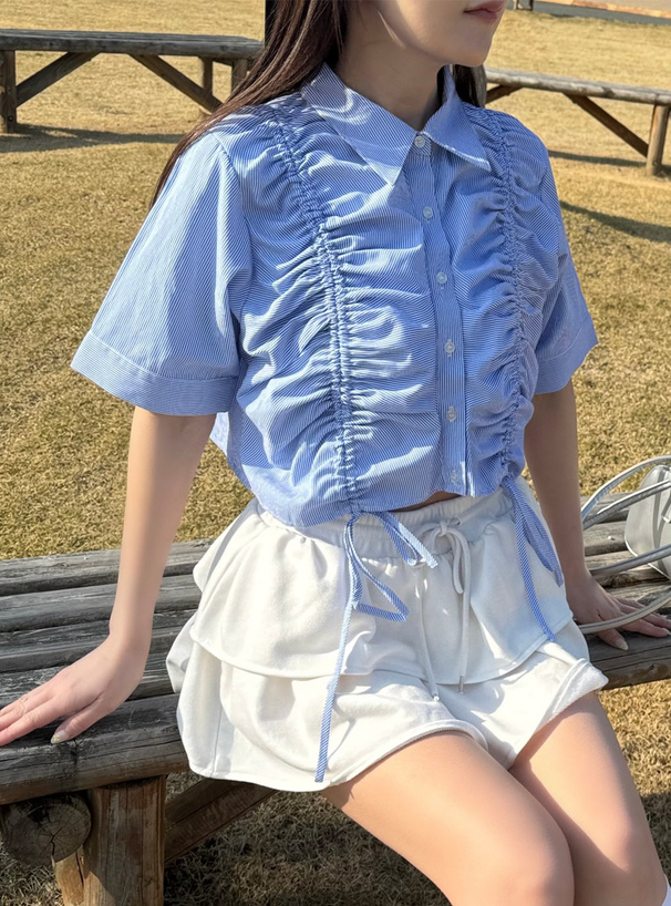 ストライプ柄クロップド丈ドロストシャツ