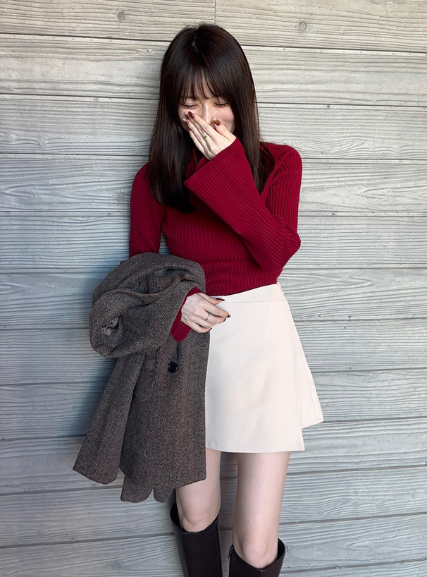 フレアスリーブリブニットトップス