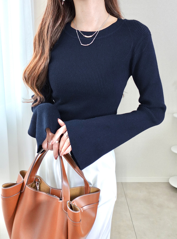 フレアスリーブリブニットトップス