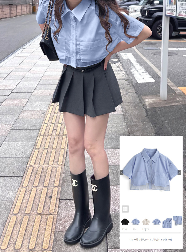 シアー切り替えクロップド丈シャツ