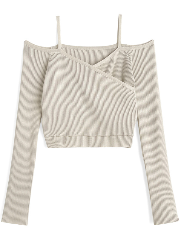 カシュクールオフショルダーリブニットトップス