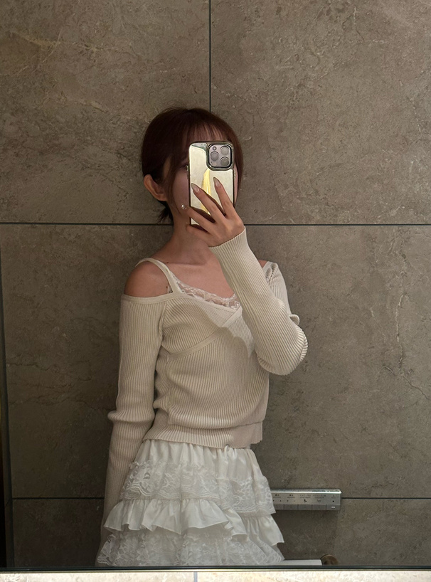 カシュクールオフショルダーリブニットトップス