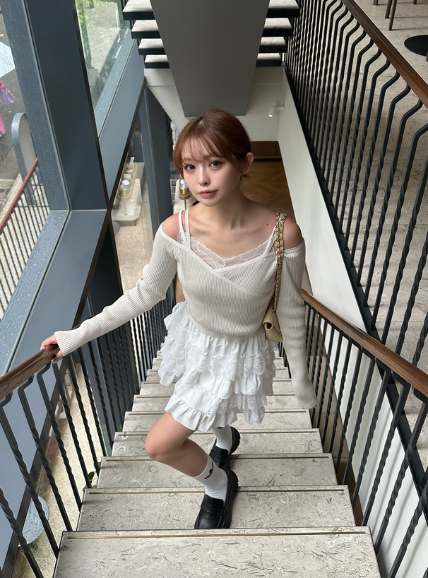 カシュクールオフショルダーリブニットトップス