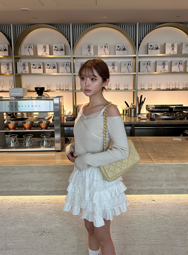 カシュクールオフショルダーリブニットトップス