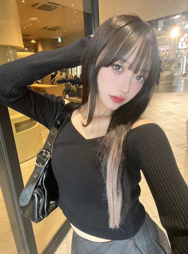 カシュクールオフショルダーリブニットトップス