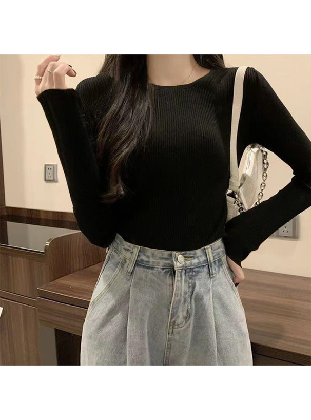 ベーシックラウンドネックリブニットトップス