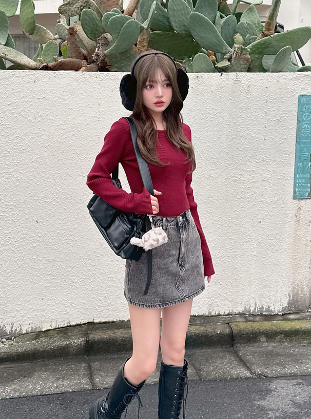 ベーシックラウンドネックリブニットトップス