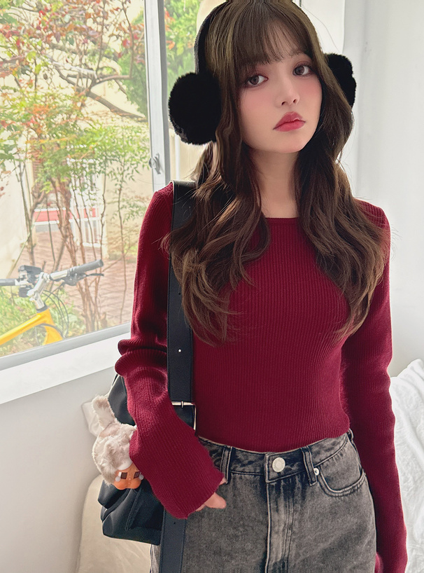 ベーシックラウンドネックリブニットトップス