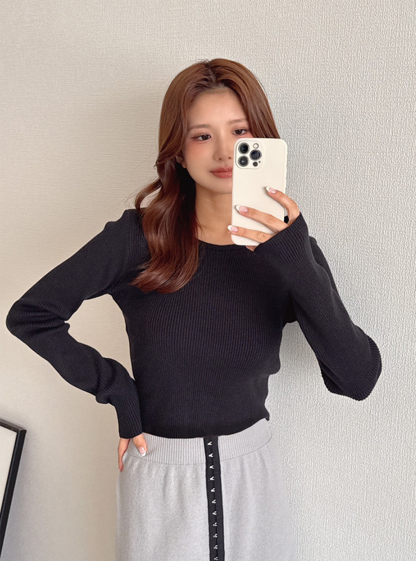 ベーシックラウンドネックリブニットトップス