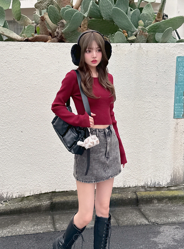 ベーシックラウンドネックリブニットトップス