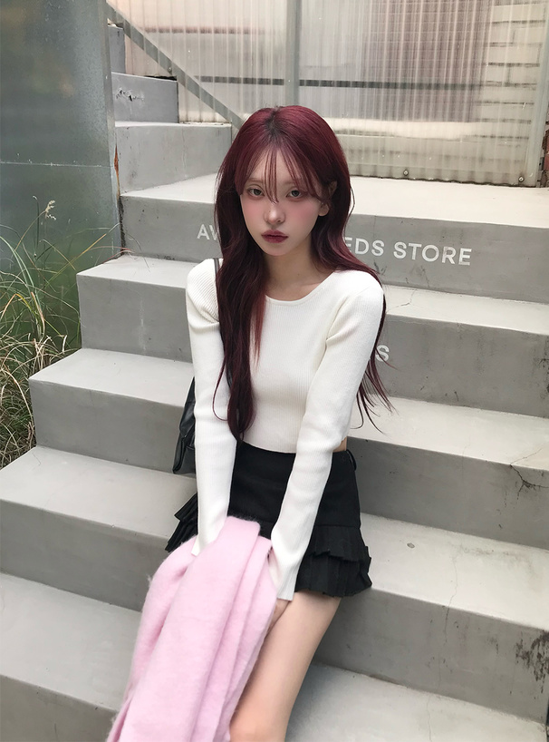 ベーシックラウンドネックリブニットトップス