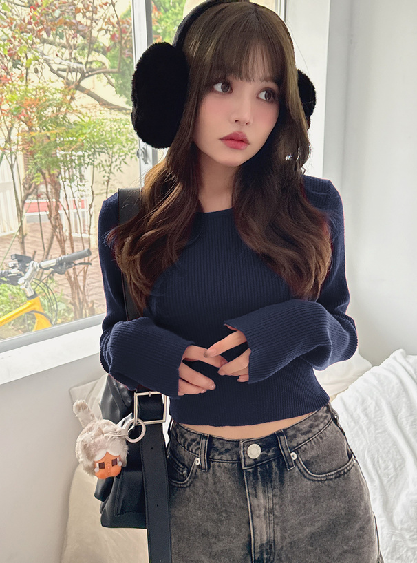 ベーシックラウンドネックリブニットトップス