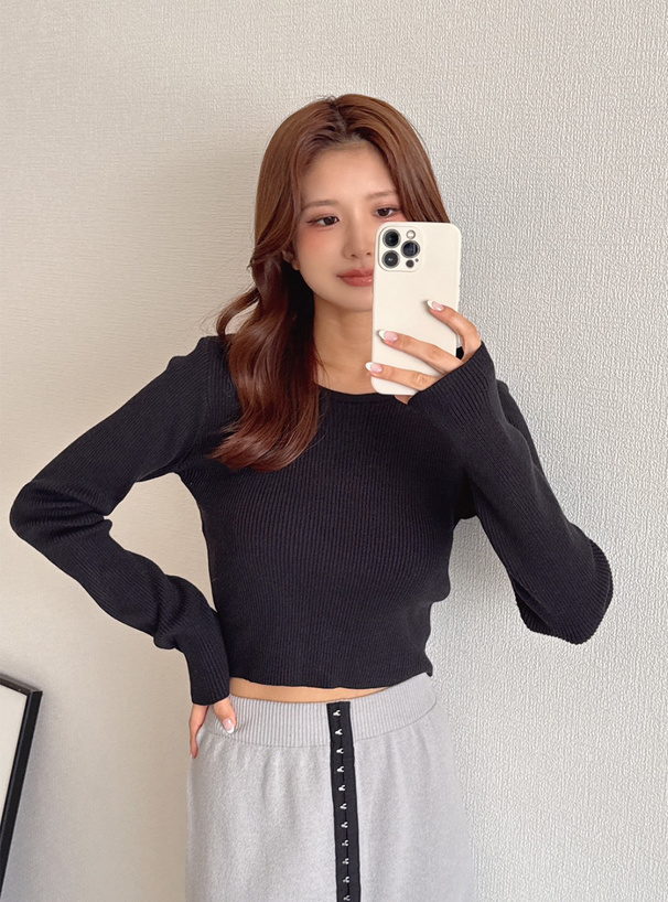 ベーシックラウンドネックリブニットトップス