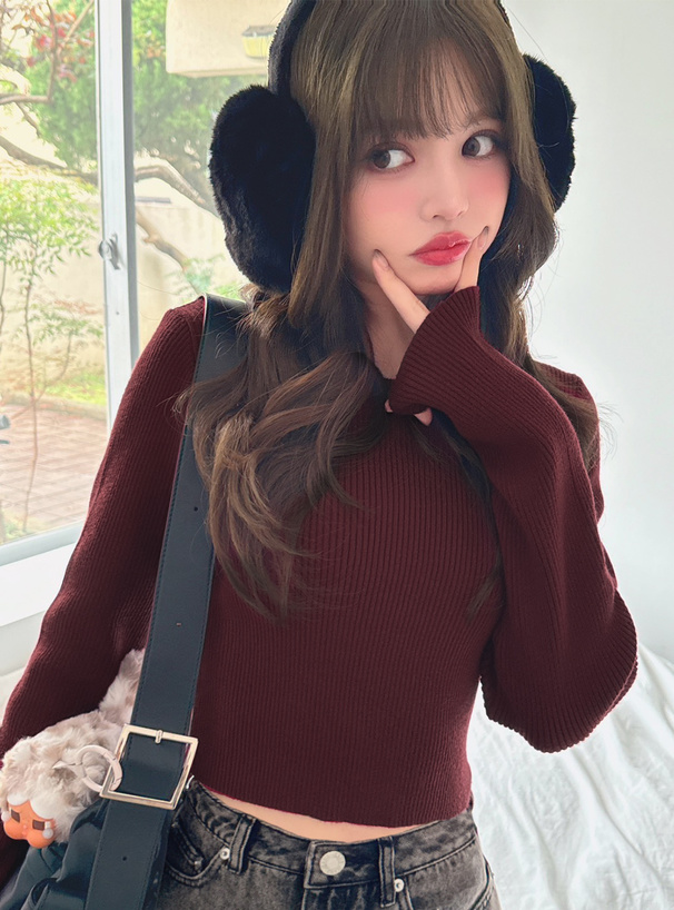 ベーシックラウンドネックリブニットトップス