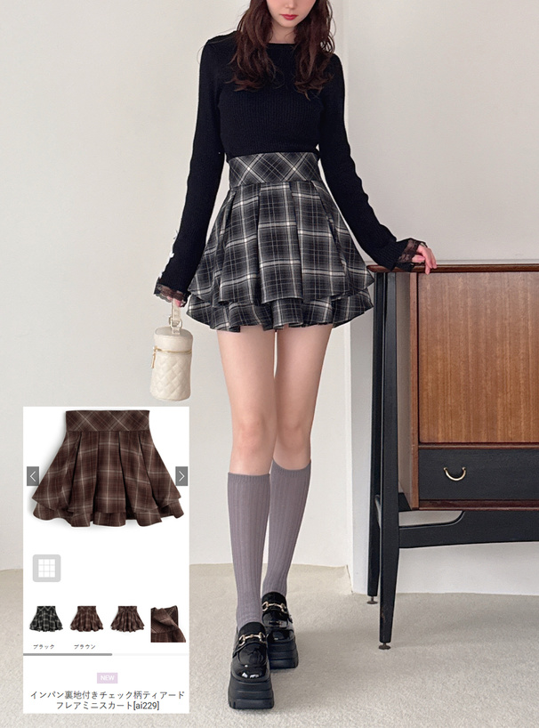 インパン裏地付きチェック柄ティアードフレアミニスカート[ai229