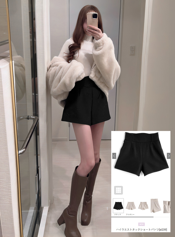 ハイウエストタックショートパンツ