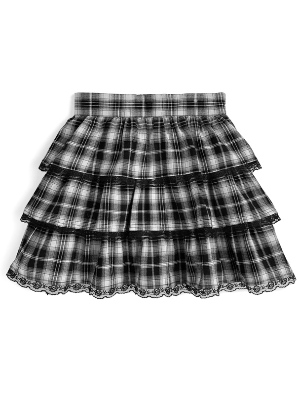 インパン裏地付きチェック柄ティアードフリルレースミニスカート[ai247]