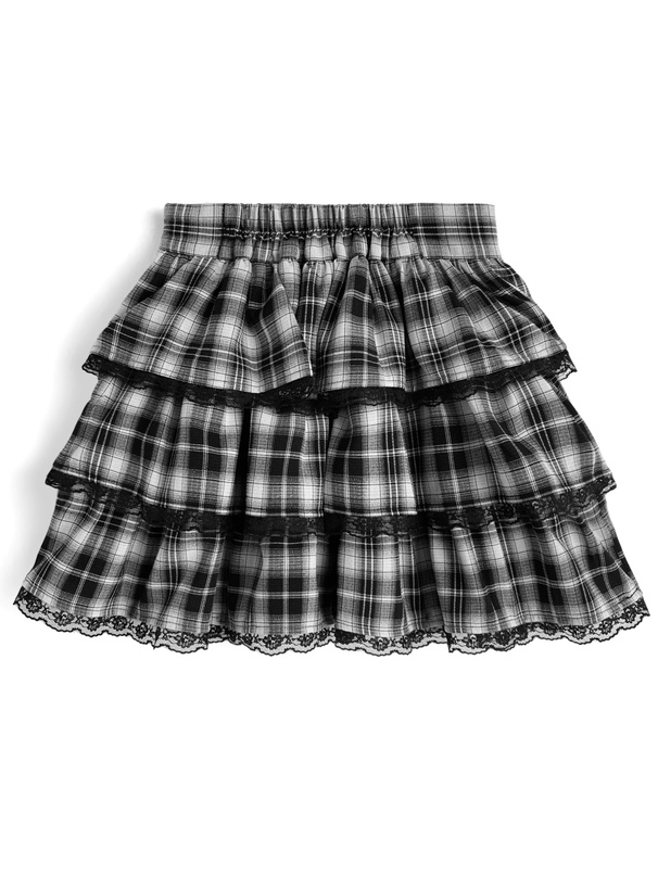 インパン裏地付きチェック柄ティアードフリルレースミニスカート[ai247