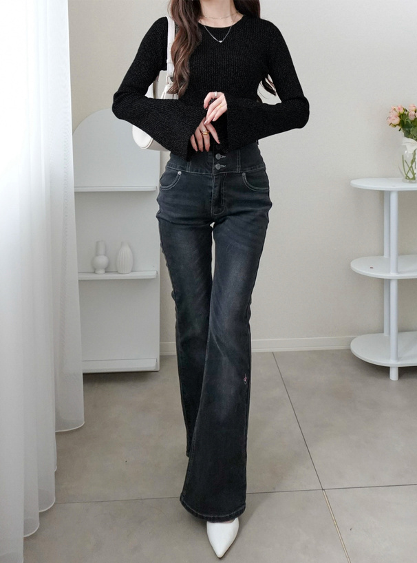 リブフレアスリーブニットトップス