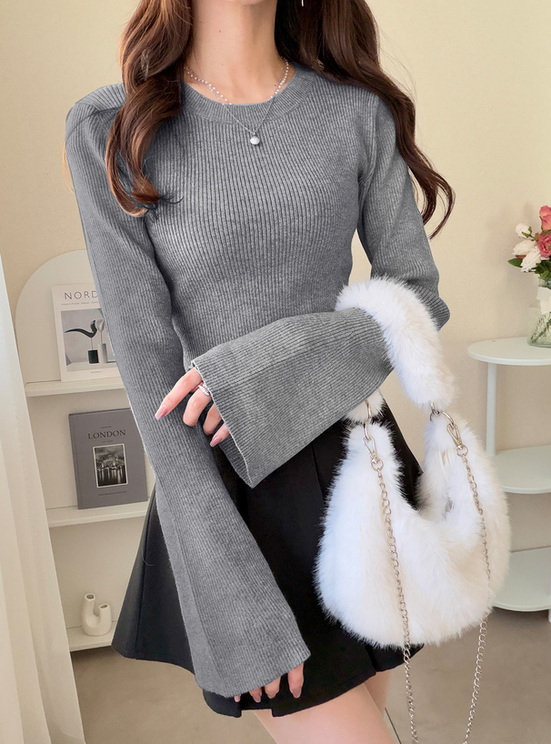 リブフレアスリーブニットトップス