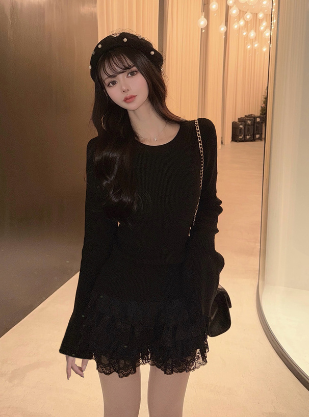 リブフレアスリーブニットトップス